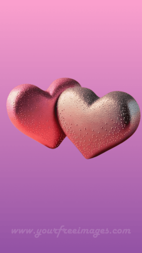 Two 3D hearts wallpaper joined together with a purple and pink background 