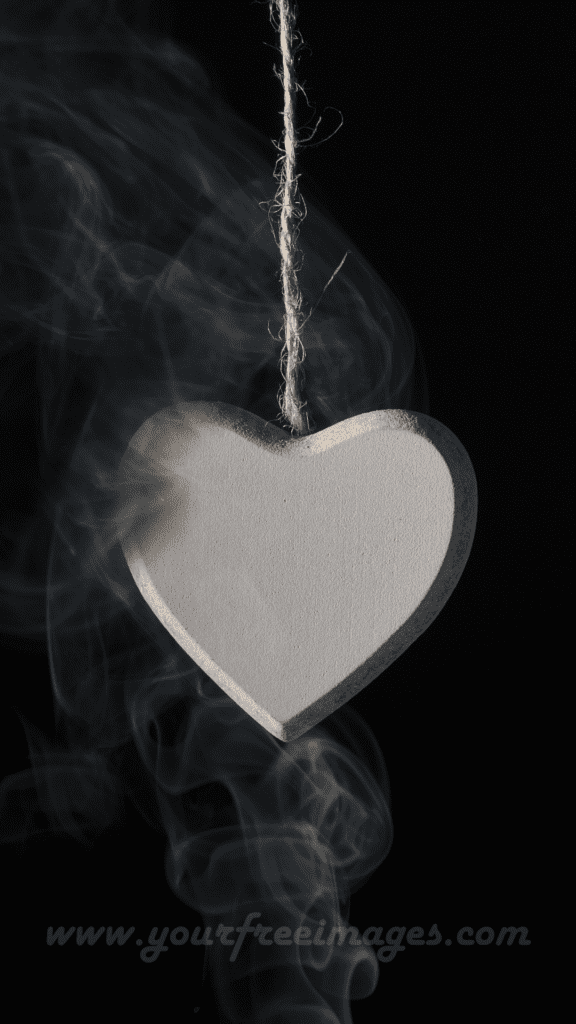 A Stone carved into heart image ties with a rope and smoke coming out giving an aesthetic effect with a dark black background
