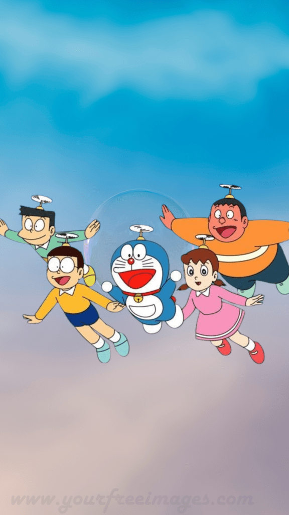 Doraemon Wallpaper with all the characters flying in the sky