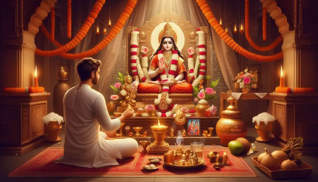 Image of a male devotee performing aarti for Maa Chandraghanta. The scene shows a lit diya (lamp) being held in front of a beautiful idol of Maa Chandraghanta, who is depicted with a crescent moon on her forehead and surrounded by flowers. The atmosphere is filled with devotion, with colorful decorations and offerings 