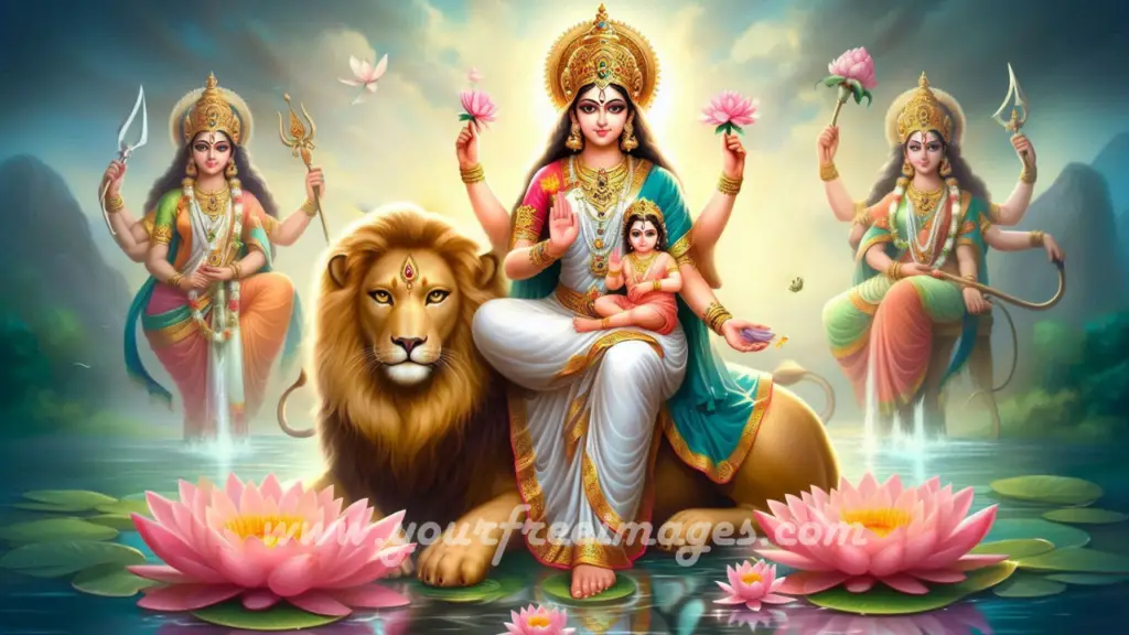 Maa Skandmata wearning a white saree holding his son Kaartikey or Skand in her arm, sitting on a lion , divine background