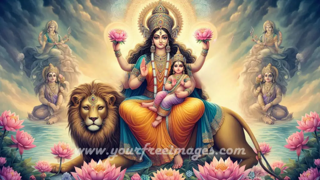 Maa Skandmata holding his son Kaartikey or Skand in her arm, sitting on a lion , divine background